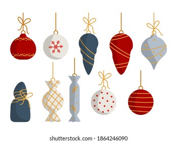 Decoración de bolas de árbol de Navidad conjunto de dibujos animados planos. Juguetes de navidad, ornamentos de vacaciones, dulces baubles. Celebración del Año Nuevo. Sencilla decoración de árboles de Navidad retro. Isolación en ilustración vectorial blanca