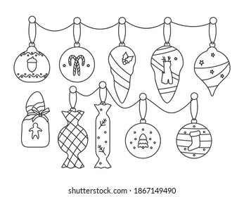 Christmas tree balls decorations set. Black outline Xmas toy, holiday ornaments icicle, candy bauble. Concept celebration New Year. Simple retro xmas trees decor. Isolated on white vector illustration
