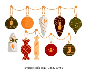 Juego de decoraciones de bolas de árbol de Navidad. Dibujo plano Juguetes de navidad, ornamentos de vacaciones, caramelos baubles. Celebración del Año Nuevo. Decoración de árboles de Navidad de color retro. Isolación en ilustración vectorial blanca
