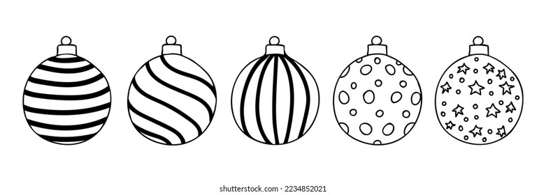 Christmas tree balls doodle illustrations set. Baubles doodle icons collection. Christmas tree balls hand drawn icons. Christmas tree toys doodle illustrations.