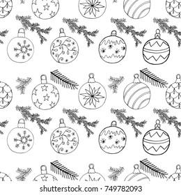 Christmas tree balls and fir branch seamless Xmas pattern hand drawn doodling design vector illustration 