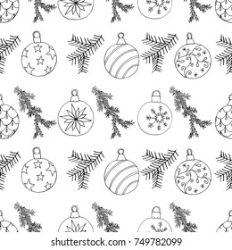 Christmas tree balls and fir branch seamless Xmas pattern hand drawn decoration design vector illustration 