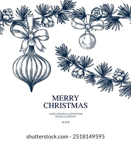 Christmas tree, balls, fir branches hand drawn Isolated vector illustration. Christmas tree toy Glass with Fir branches for holiday poster, party, New Year cards, greeting, invitation. Engraving style