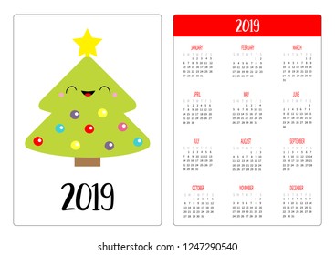Christmas tree, balls. Fir-tree. Simple pocket calendar layout 2019 new year. Vertical orientation. Week starts Sunday. Cartoon kawaii funny baby character. Flat design. Pink background. Vector