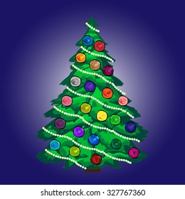 Christmas tree with balls and garland on a blue background vector