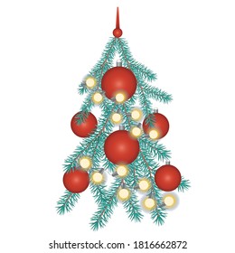 Christmas tree with balls and gerland or lamps isolated on white background for design. Vector stock illustration with Christmas needles as element or symbol for holiday decor or design