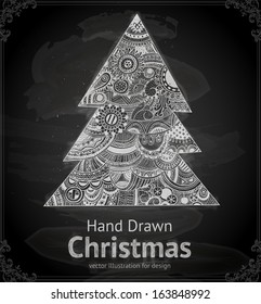 Christmas Tree with Balls and Gifts, vector design. Chalkboard style. Chalk Texture.
