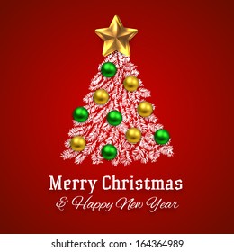Christmas Tree with Balls and Gifts, vector design. Chalkboard paint. 