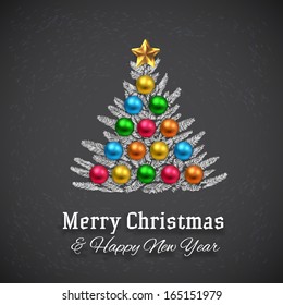Christmas Tree with Balls and Gifts, vector design. Chalkboard paint.
