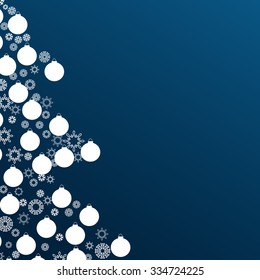Christmas tree and balls holiday background. Ate white silhouette on a blue background