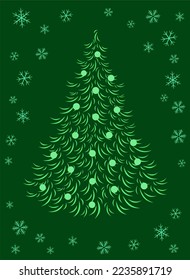 Weihnachtsbaum mit Kugeln dekoriert. Feiertagsdekorative Tanne auf grünem Hintergrund. Fröhliche Neujahrsvektorgrafik.