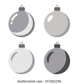 Christmas tree balls icons. Gray baubles decoration, isolated on white background. Symbol of Happy New Year, Xmas holiday celebration, winter. Flat design for card. Vector illustration