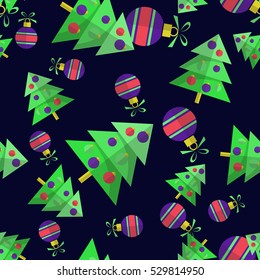 Christmas tree with balls isolated on dark blue background. Background for greeting cards and flyers. Christmas symbol. Christmas seamless pattern. Flat design.