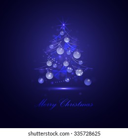 Christmas tree with balls and lights, blue background, vector
