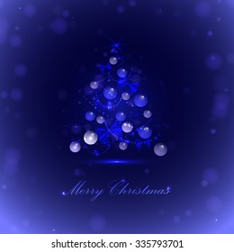Christmas tree with balls and lights, blue background, vector