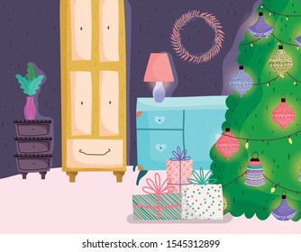 christmas tree balls and lights gifts table lamp wreath home vector illustration