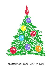 Christmas tree with balls. Like kids hand drawing vivid bright green fir. Crayon, pastel chalk or pencil painting style. Vector cartoon doodle funny simple art.