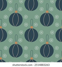 Christmas tree balls ornated with lines, vector seamless pattern. Hand drawn Christmas decoration with snowflakes. Pattern in swatches. For fabric, wrapping paper and other decoration.