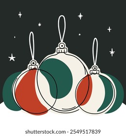 Christmas tree balls ornated with lines. Hand drawn Christmas decoration with snowflakes. 