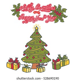 Christmas tree with Christmas balls and presents under it. Vector illustration 2019 year