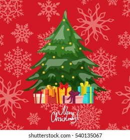 Christmas tree with balls and presents vector cartoon illustration