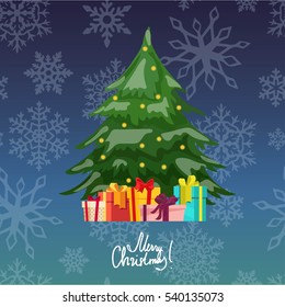Christmas tree with balls and presents vector cartoon illustration