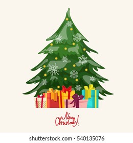 Christmas tree with balls and presents vector cartoon illustration