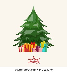 Christmas tree with balls and presents vector cartoon illustration