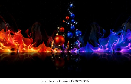 Christmas tree of balls in red-blue fire