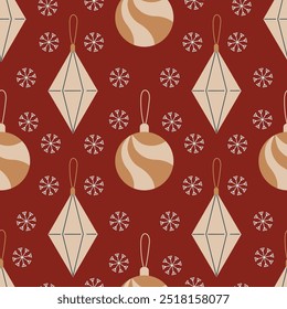 Bolas del árbol de navidad, modelo inconsútil del Vector retro. Decoración de Navidad dibujada a mano con copos de nieve. Patrón en muestras. Para la tela, papel de embalaje y otra decoración
