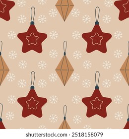Bolas del árbol de navidad, modelo inconsútil del Vector retro. Decoración de Navidad dibujada a mano con copos de nieve. Patrón en muestras. Para la tela, papel de embalaje y otra decoración