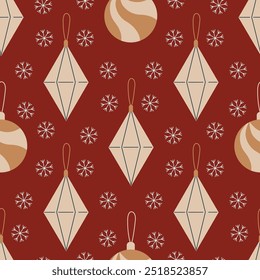 Christmas tree balls, retro vector seamless pattern. Hand drawn Christmas decoration with snowflakes. Pattern in swatches. For fabric, wrapping paper and other decoration