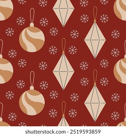 Christmas tree balls, retro vector seamless pattern. Hand drawn Christmas decoration with snowflakes. Pattern in swatches. For fabric, wrapping paper and other decoration