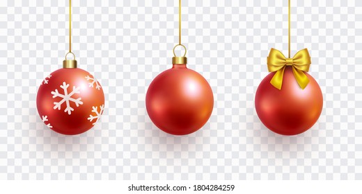 Bolas de árbol de Navidad aisladas en fondo transparente. Vector de vidrio rojo xmas baubles con plantilla de cintas doradas