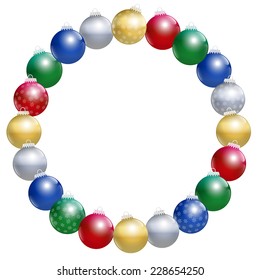 Christmas tree balls, some with snow flake ornament, that form a circular frame. Isolated vector illustration on white background.