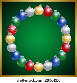 Christmas tree balls, some with snow flake ornament, that form a circle frame. Vector illustration on green gradient background.