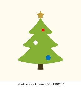 Christmas tree with balls, star. Cartoon icon. Green silhouette decoration sign, isolated on white background. Flat design. Symbol of holiday, Christmas, New Year celebration. Vector illustration