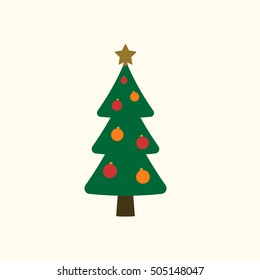 Christmas tree with balls, star. Cartoon icon. Green silhouette decoration sign, isolated on white background. Flat design. Symbol of holiday, Christmas, New Year celebration. Vector illustration