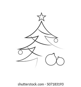 Christmas tree with balls, star. Cartoon icon. Black silhouette decoration sign, isolated on white background. Flat design. Symbol holiday, Christmas, New Year celebration Vector illustration