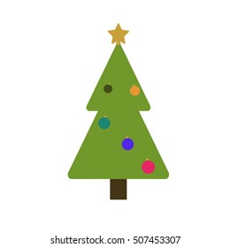 Christmas tree with balls, star. Cartoon icon. Green silhouette decoration sign, isolated on white background. Flat design. Symbol of holiday, Christmas, New Year celebration. Vector illustration