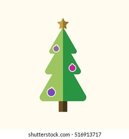 Christmas tree with balls, star. Cartoon icon. Green silhouette decoration sign, isolated on white background. Flat design. Symbol of holiday, Christmas, New Year celebration. Vector illustration