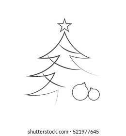 Christmas tree with balls, star. Cartoon icon. Black silhouette decoration sign, isolated on white background. Flat design. Symbol holiday, Christmas, New Year celebration Vector illustration