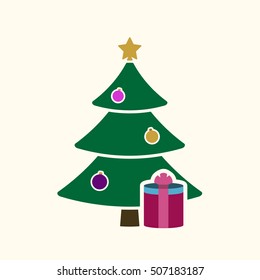 Christmas tree with balls, star, gift. Cartoon icon. Green silhouette decoration sign, isolated on white background. Flat design. Symbol holiday, Christmas, New Year celebration Vector illustration