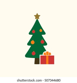 Christmas tree with balls, star, gift. Cartoon icon. Green silhouette decoration sign, isolated on white background. Flat design. Symbol holiday, Christmas, New Year celebration Vector illustration