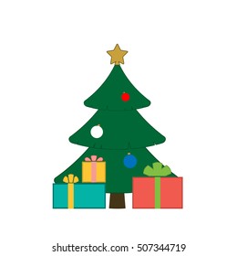 Christmas tree with balls, star, gift. Cartoon icon. Green silhouette decoration sign, isolated on white background. Flat design. Symbol holiday, Christmas, New Year celebration Vector illustration