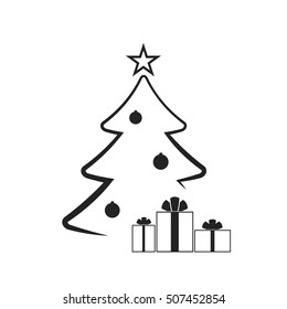 Christmas tree with balls, star, gift. Cartoon icon. Black silhouette decoration sign, isolated on white background. Flat design. Symbol holiday, Christmas, New Year celebration Vector illustration