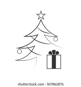 Christmas tree with balls, star, gift. Cartoon icon. Black silhouette decoration sign, isolated on white background. Flat design. Symbol holiday, Christmas, New Year celebration Vector illustration