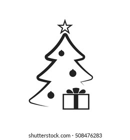 Christmas tree with balls, star, gift. Cartoon icon. Black silhouette decoration sign, isolated on white background. Flat design. Symbol holiday, Christmas, New Year celebration Vector illustration
