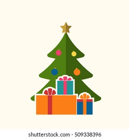 Christmas tree with balls, star, gift. Cartoon icon. Green silhouette decoration sign, isolated on white background. Flat design. Symbol holiday, Christmas, New Year celebration Vector illustration