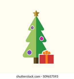 Christmas tree with balls, star, gift. Cartoon icon. Green silhouette decoration sign, isolated on white background. Flat design. Symbol holiday, Christmas, New Year celebration Vector illustration